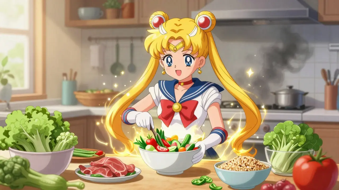 Character serves fresh food radiating golden healing light aura