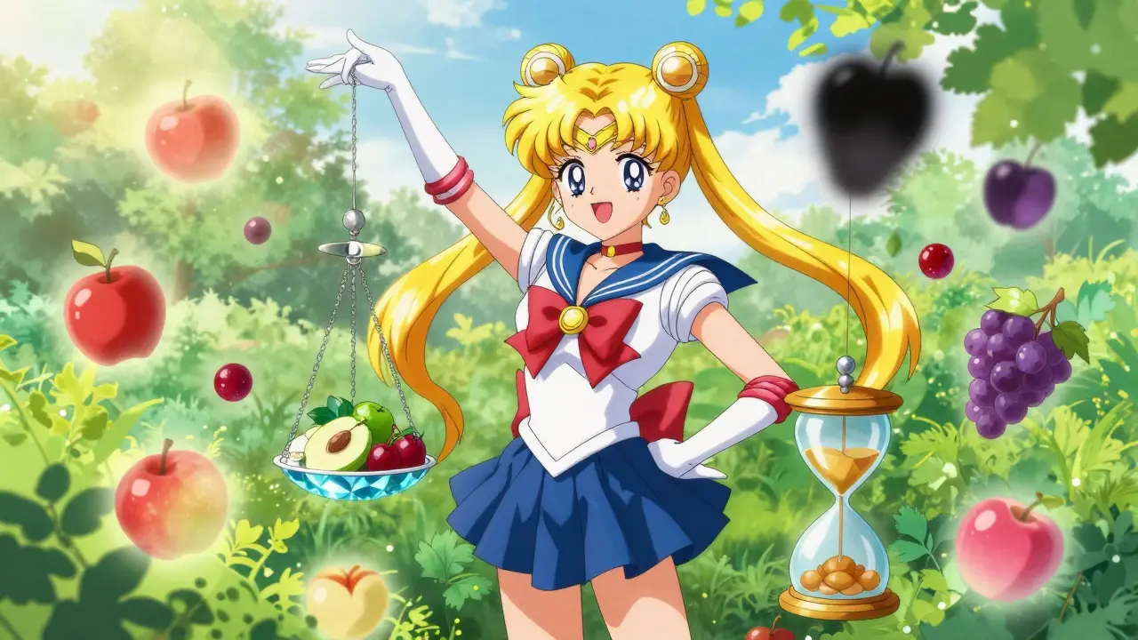 Cheerful character choosing healthy fruits and monitoring health timer