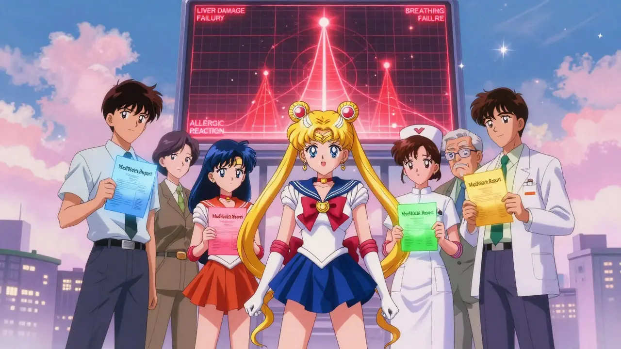 Diverse individuals join hands as glowing MedWatch reports emit colored lights, with a radar screen in the sky showing serious reaction alerts.