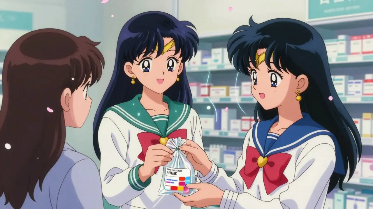 Smiling pharmacist handing medication bag to relieved customer in bright shop.