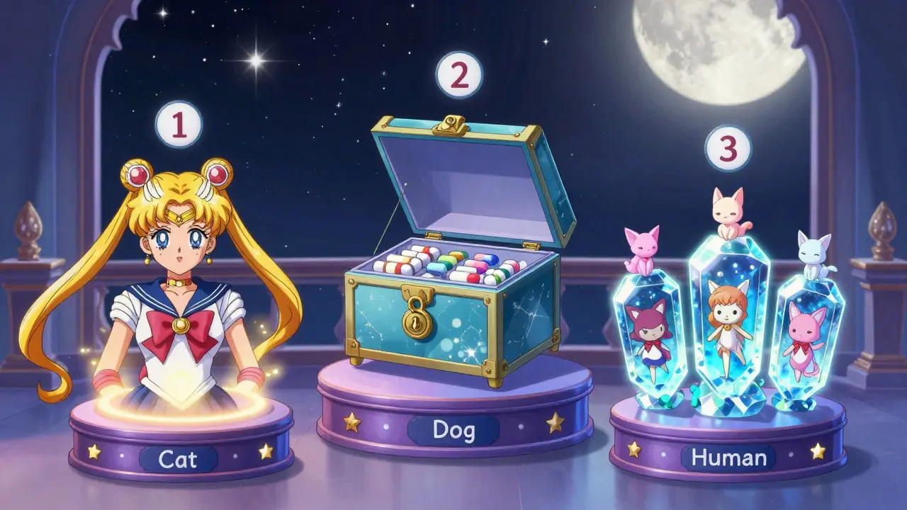 Three glowing crystal boxes labeled for human and pet meds are guarded by celestial spirits in a moonlit room.