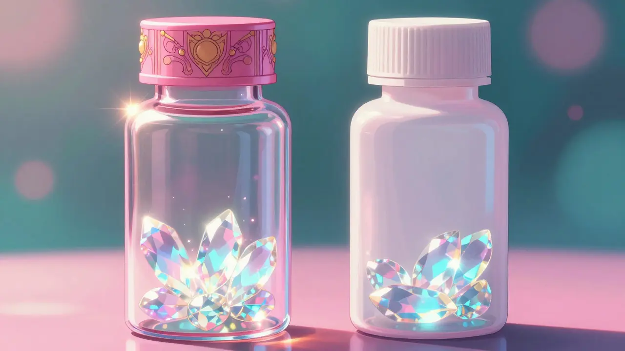 Two medicine bottles side by side showing identical glowing tablets inside.