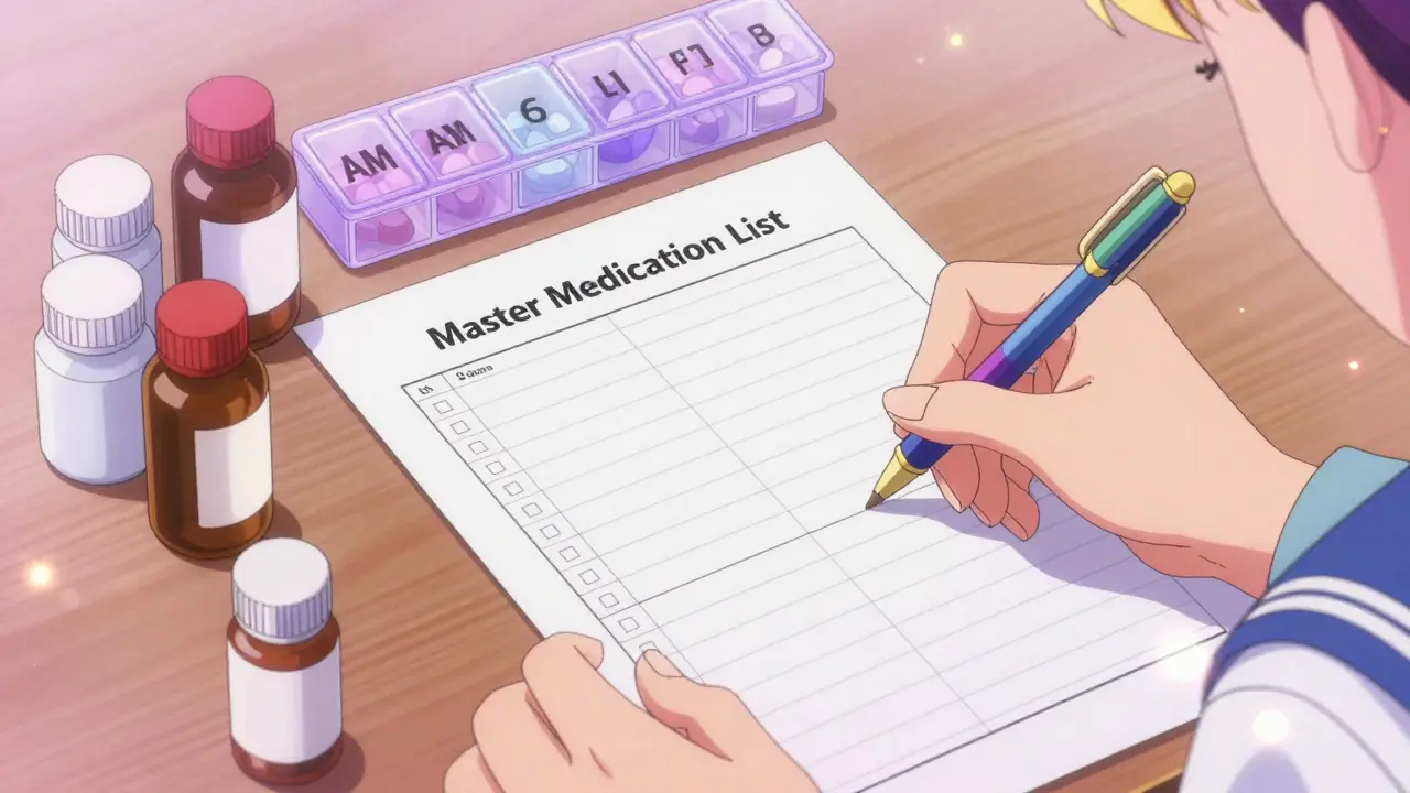 A detailed medication master list and pill organizer on a table in anime style