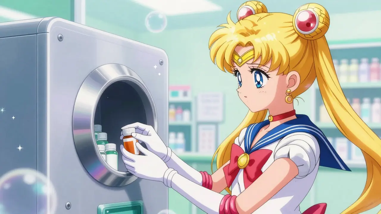 Anime character disposing of medication in a secure pharmacy take-back kiosk.