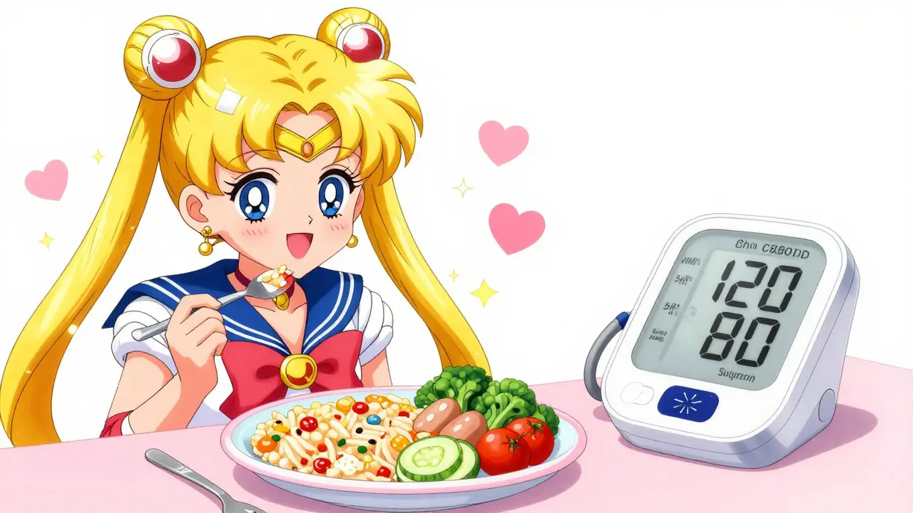 Anime character eating a healthy meal with a blood pressure monitor nearby.