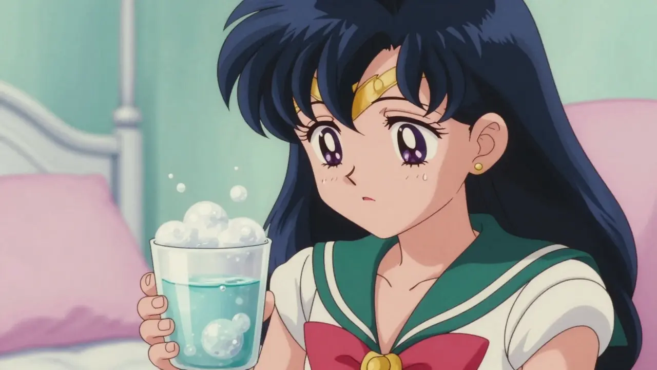 Anime character looking at a container with foamy, bubbly liquid in a pastel room.
