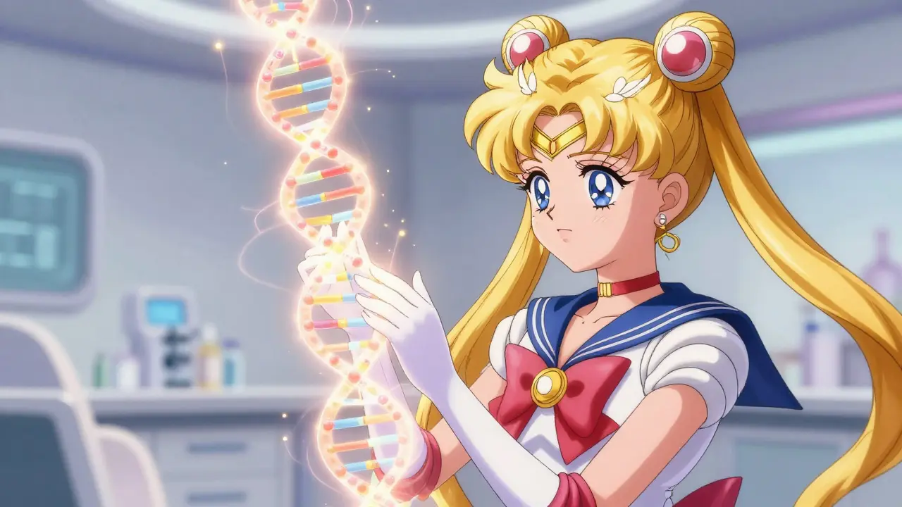 Anime character observing a glowing holographic nerve pathway being healed by golden light.