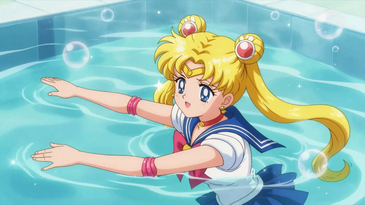 Anime character practicing gentle aquatic therapy in a sparkling turquoise pool.