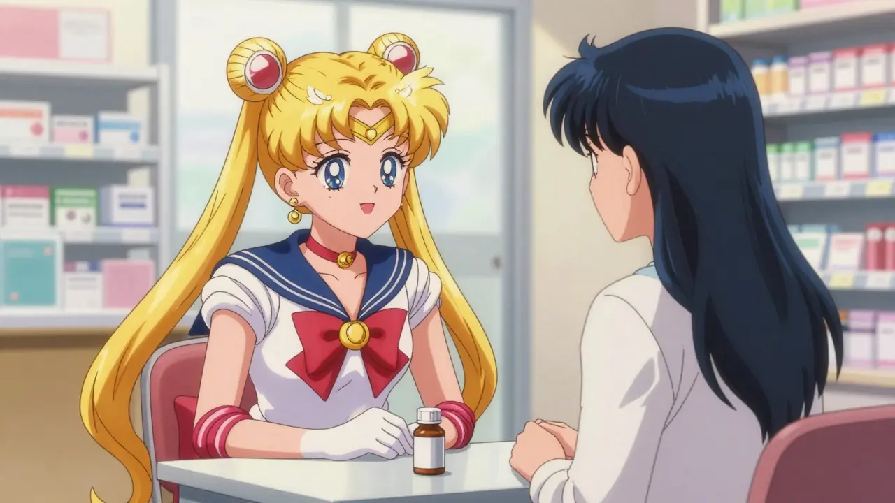 Anime pharmacist and patient talking during a medication counseling session