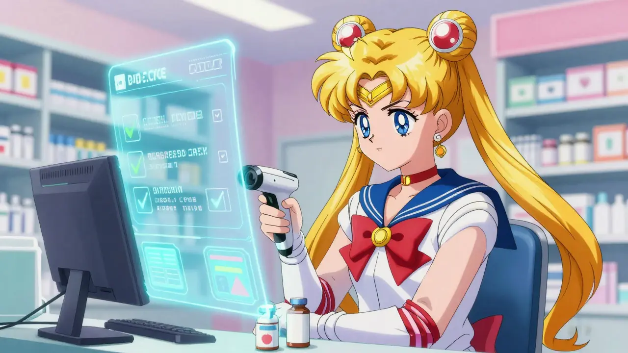 Anime pharmacist using a barcode scanner with glowing holographic safety alerts