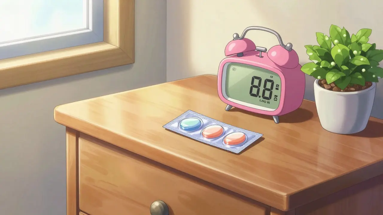 Anime style close-up of a pill pack stored safely on a bedroom dresser