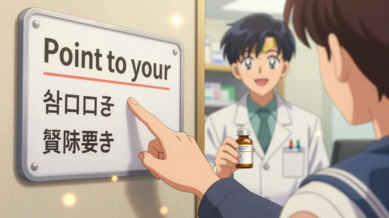 Anime style image of a hand pointing to a language selection sign in a pharmacy.