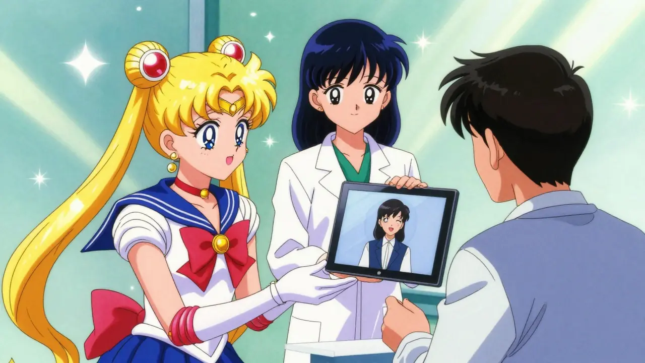 Anime style image of a pharmacist providing a video interpreter via tablet to a patient.
