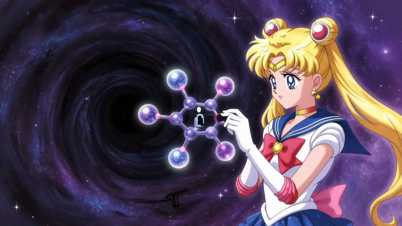 Anime style molecular structure between a dark void and a healing light