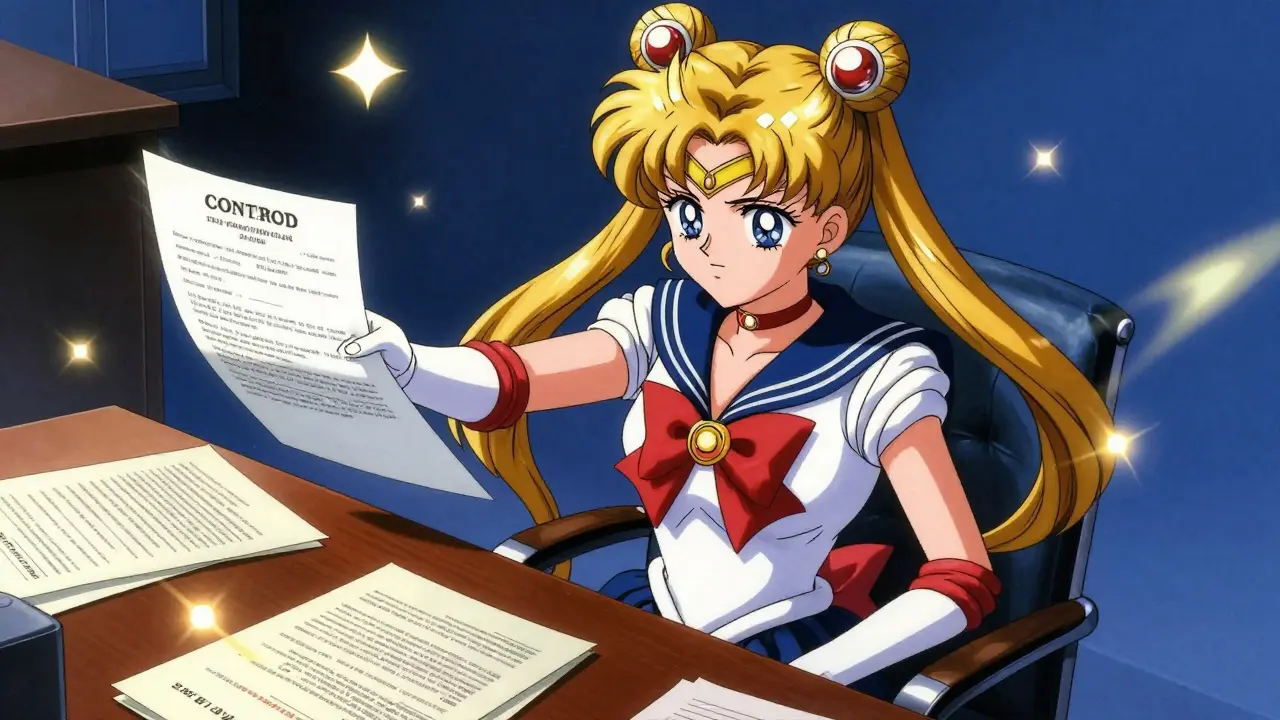 Anime style professional woman at a desk refusing to sign a document