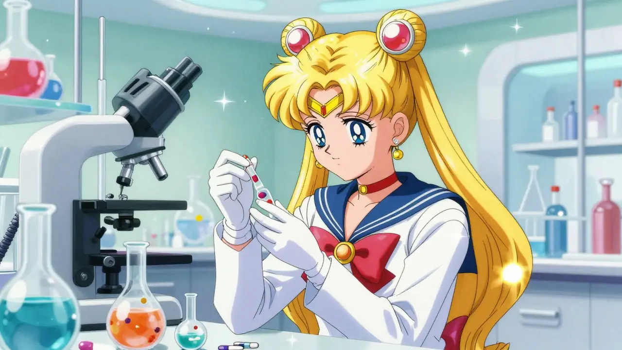 Anime style scientist in a sparkling, futuristic pharmaceutical lab with colorful beakers