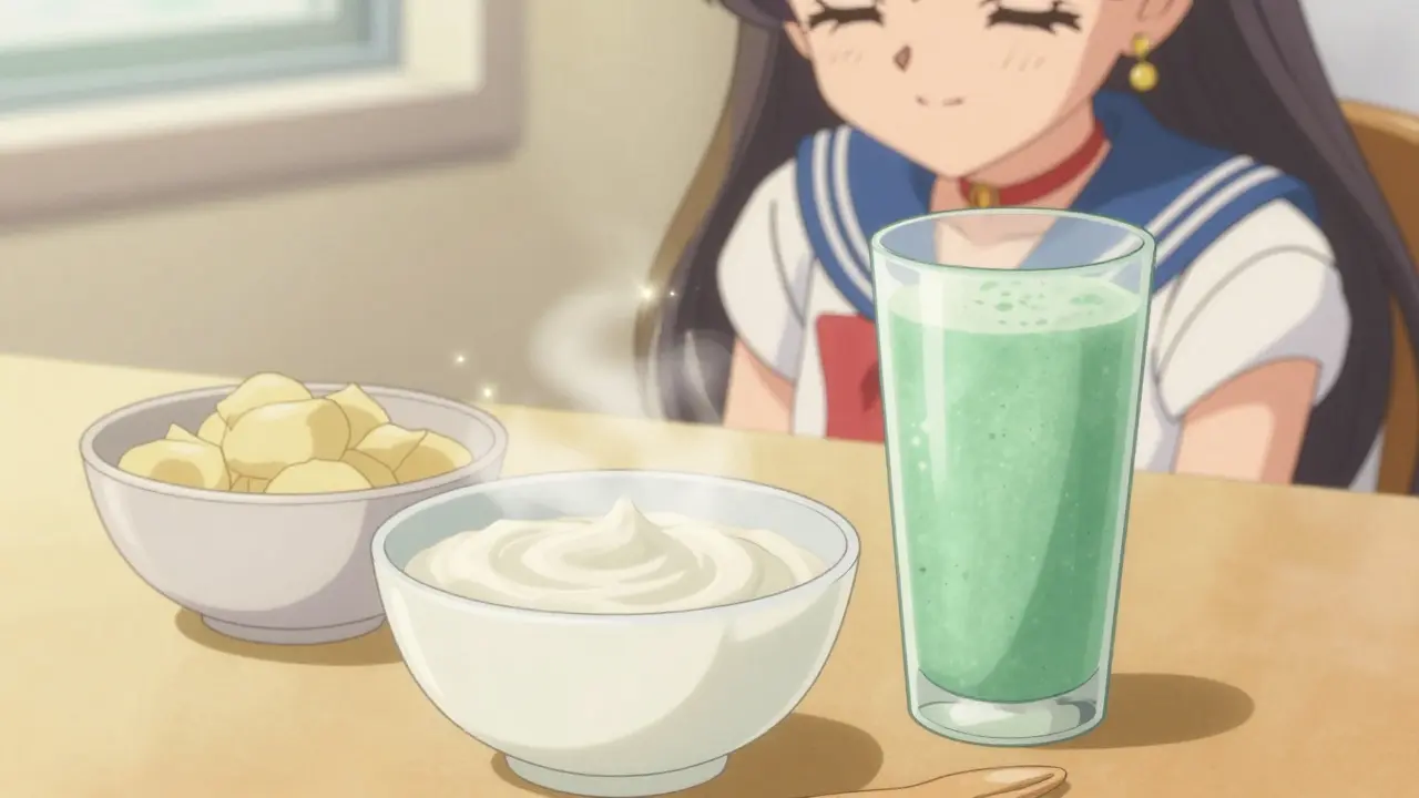 Assorted soothing foods like yogurt and smoothies in a cozy setting