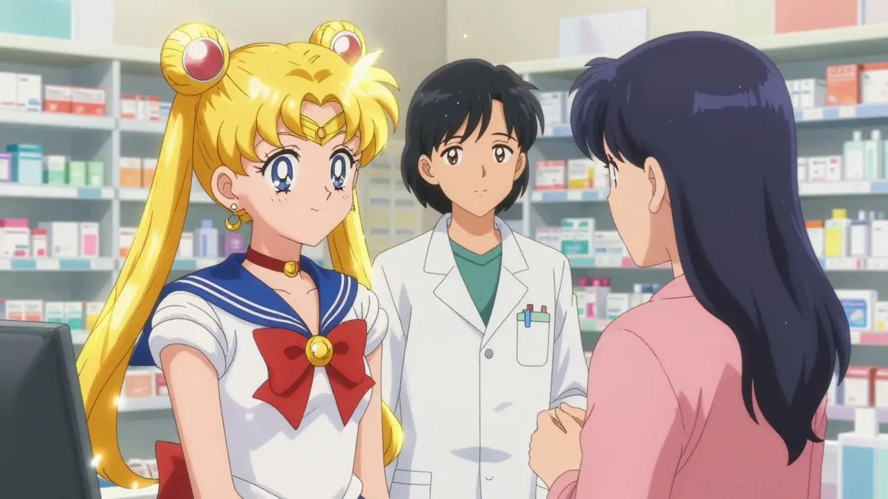 Caregiver and pharmacist talking in a bright pharmacy in anime style
