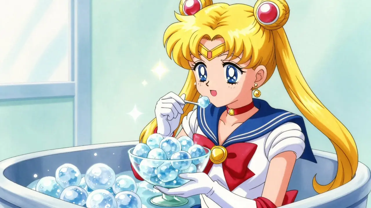 Character eating ice chips with magical sparkles in a bright room