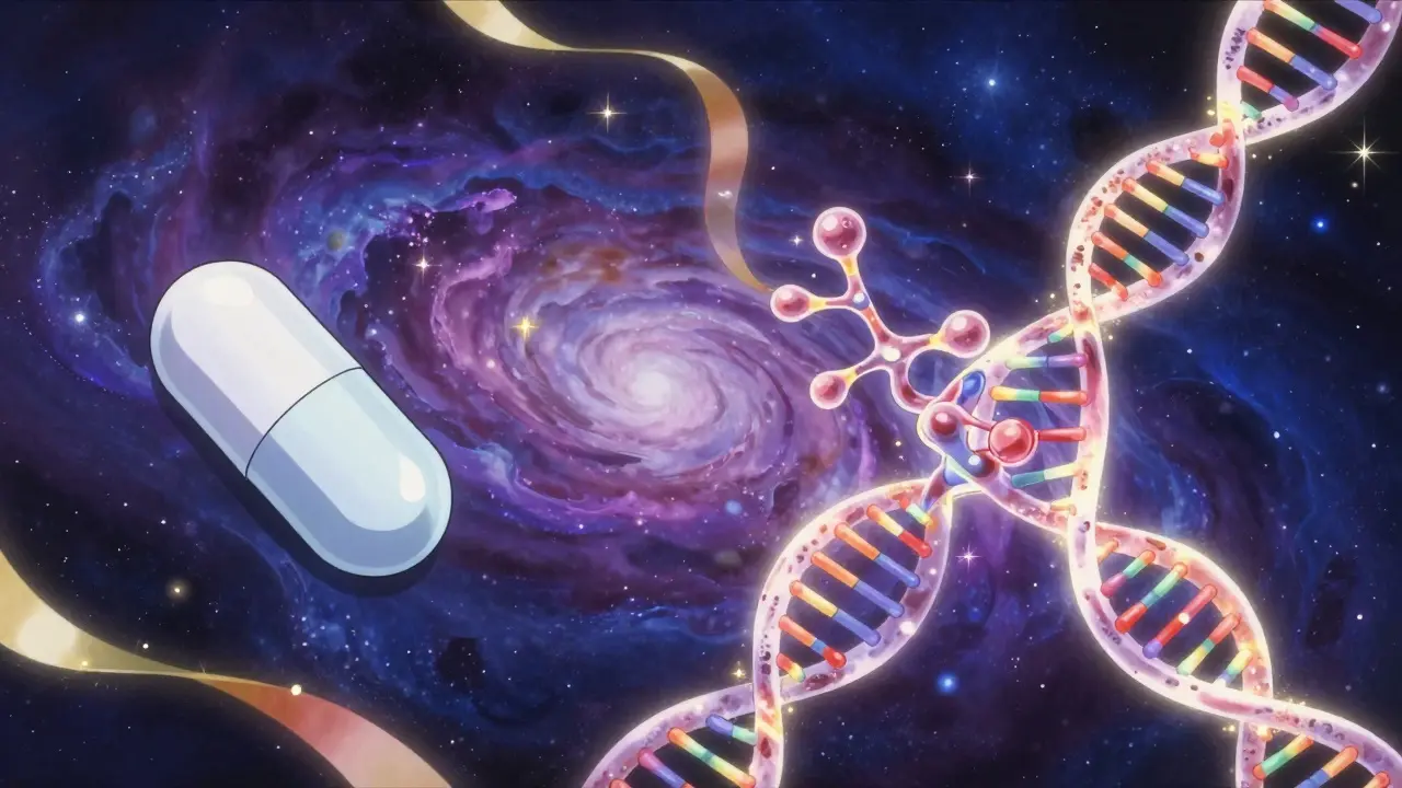 Cosmic anime illustration of a DNA helix evolving into complex biological medicine