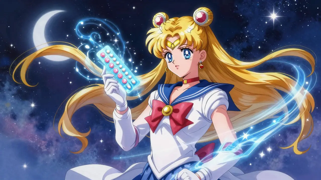 Ethereal anime figure holding a glowing birth control pill pack amidst cosmic energy