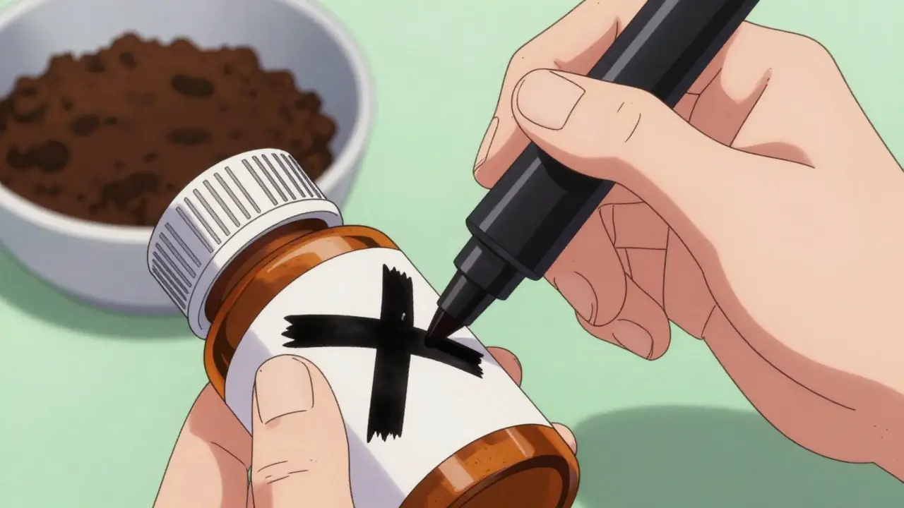 Hand using a black marker to black out personal information on a pill bottle label.
