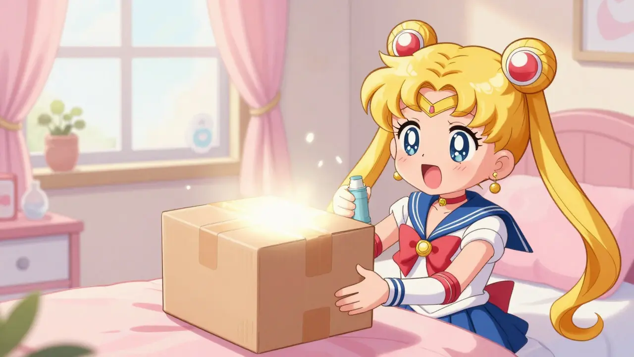 Happy anime character receiving a medical delivery package in a cozy bedroom.