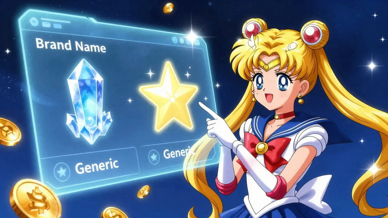 Magical anime interface comparing expensive brand name and affordable generic medicine.