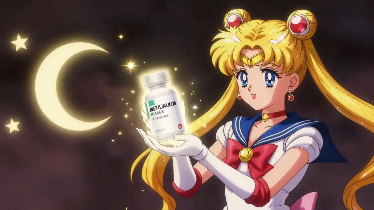 Magical transformation of a medicine bottle surrounded by stars and crescent moons.