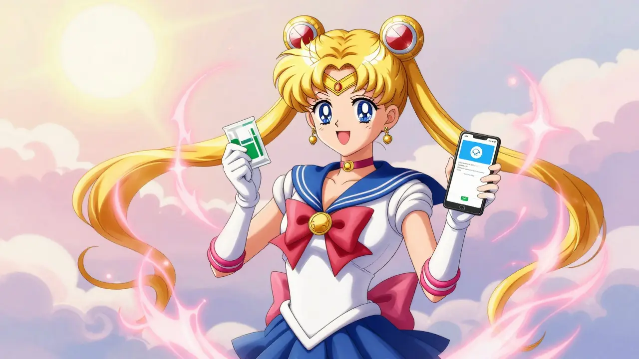 Smiling woman holding medication and a phone with a successful order confirmation.