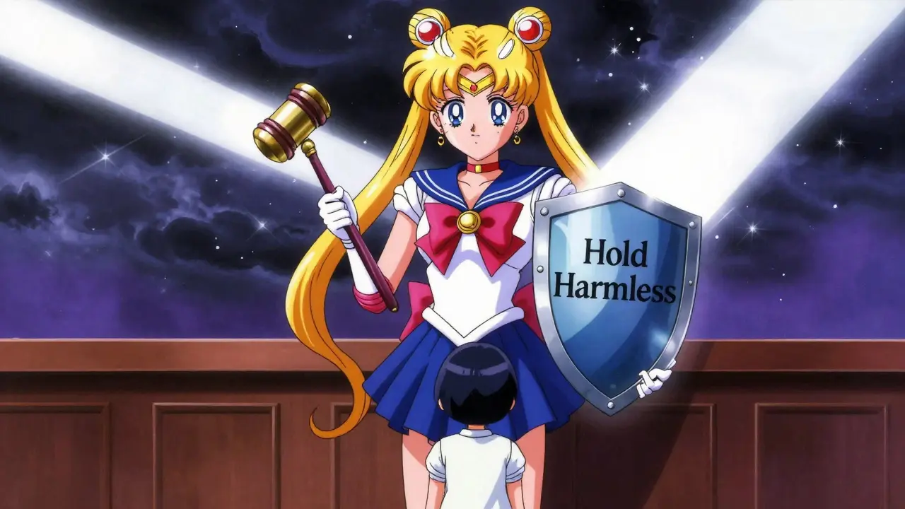 A magical guardian protecting a business owner from legal storms in Sailor Moon style.