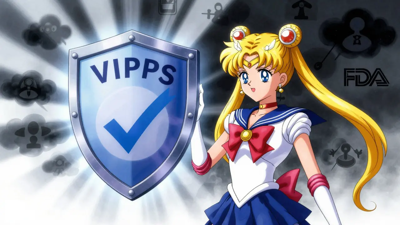 Anime character protecting health with VIPPS safety shield