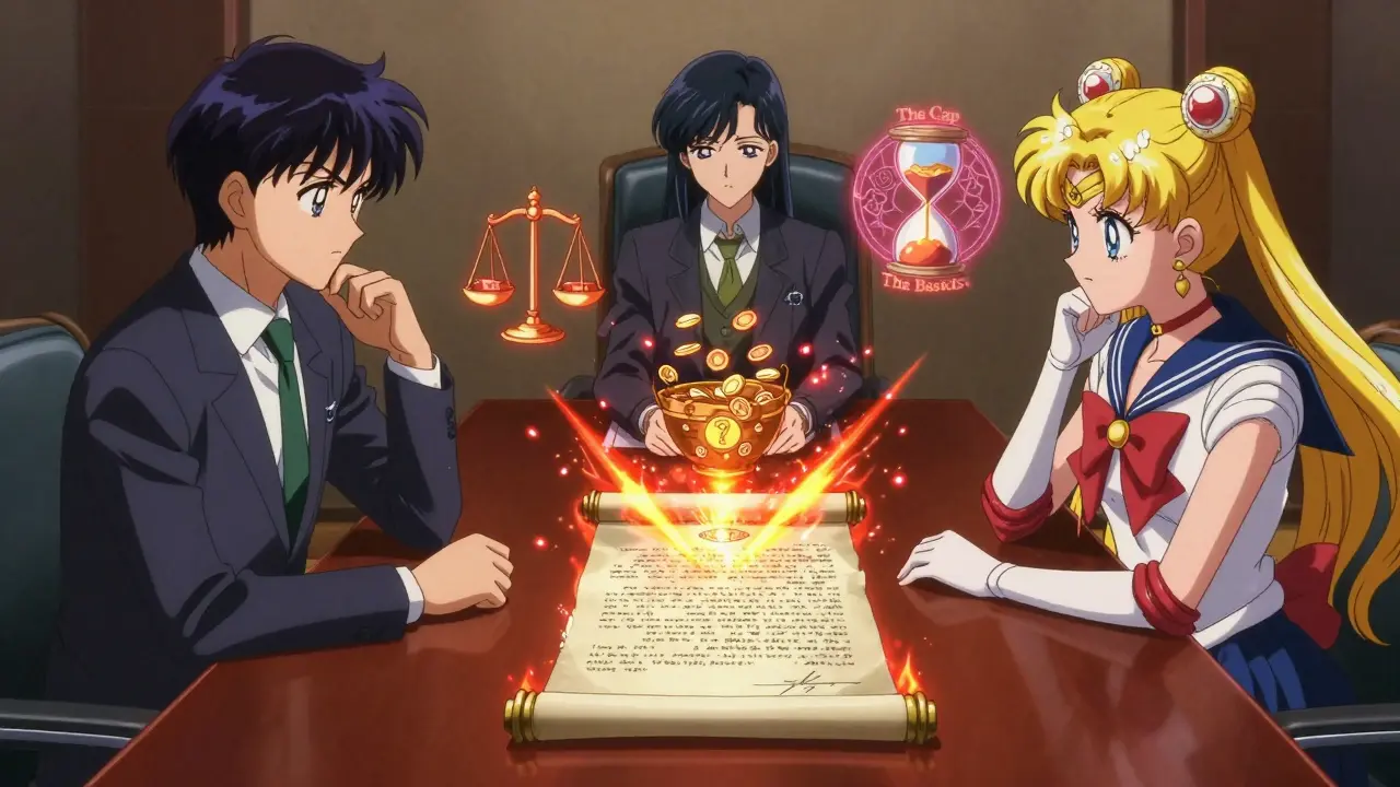 Anime characters negotiating contract terms with magical symbols for caps and baskets.