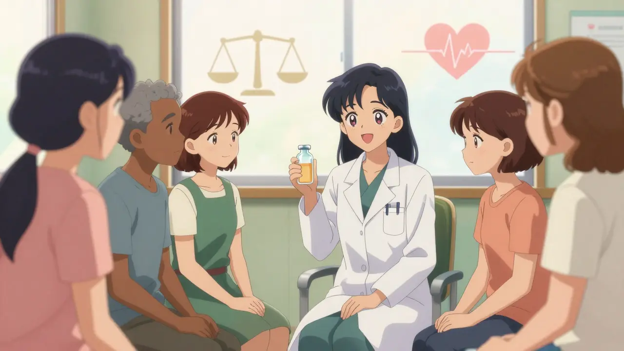 Doctor reassuring patients with stable health indicators in a bright clinic setting.