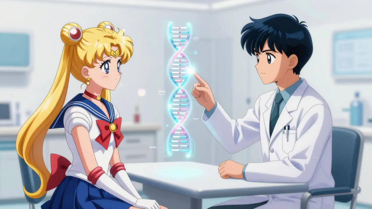 Doctor showing holographic DNA helix to patient in anime style