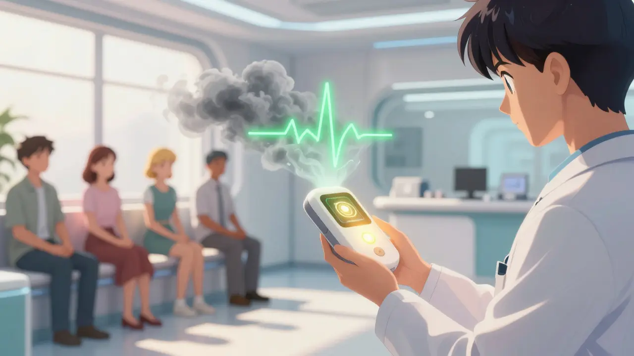 Doctor using glowing device in bright clinic