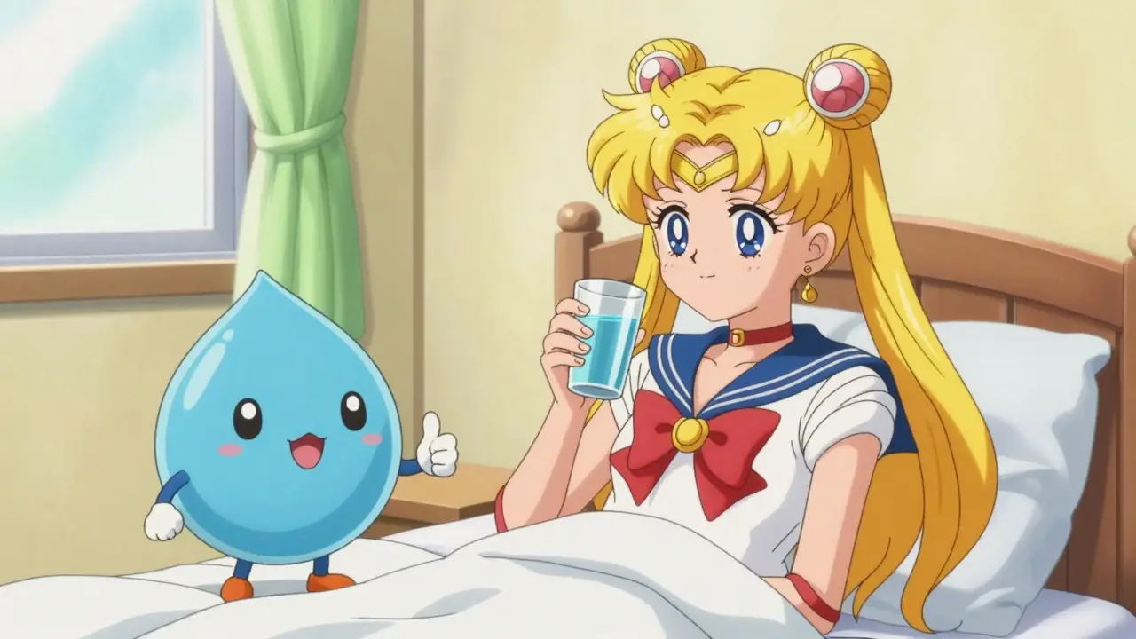 Happy person drinking water with cute mascot in sunny room