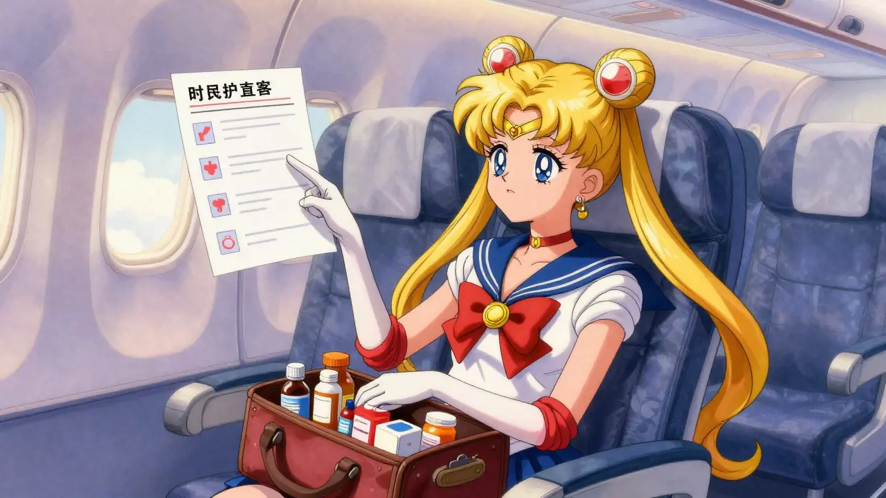 Happy traveler with meds in carry-on and helpful guide spirit