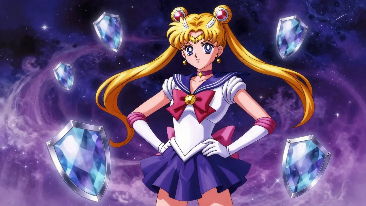 Magical girl character protecting heart and kidneys with shields
