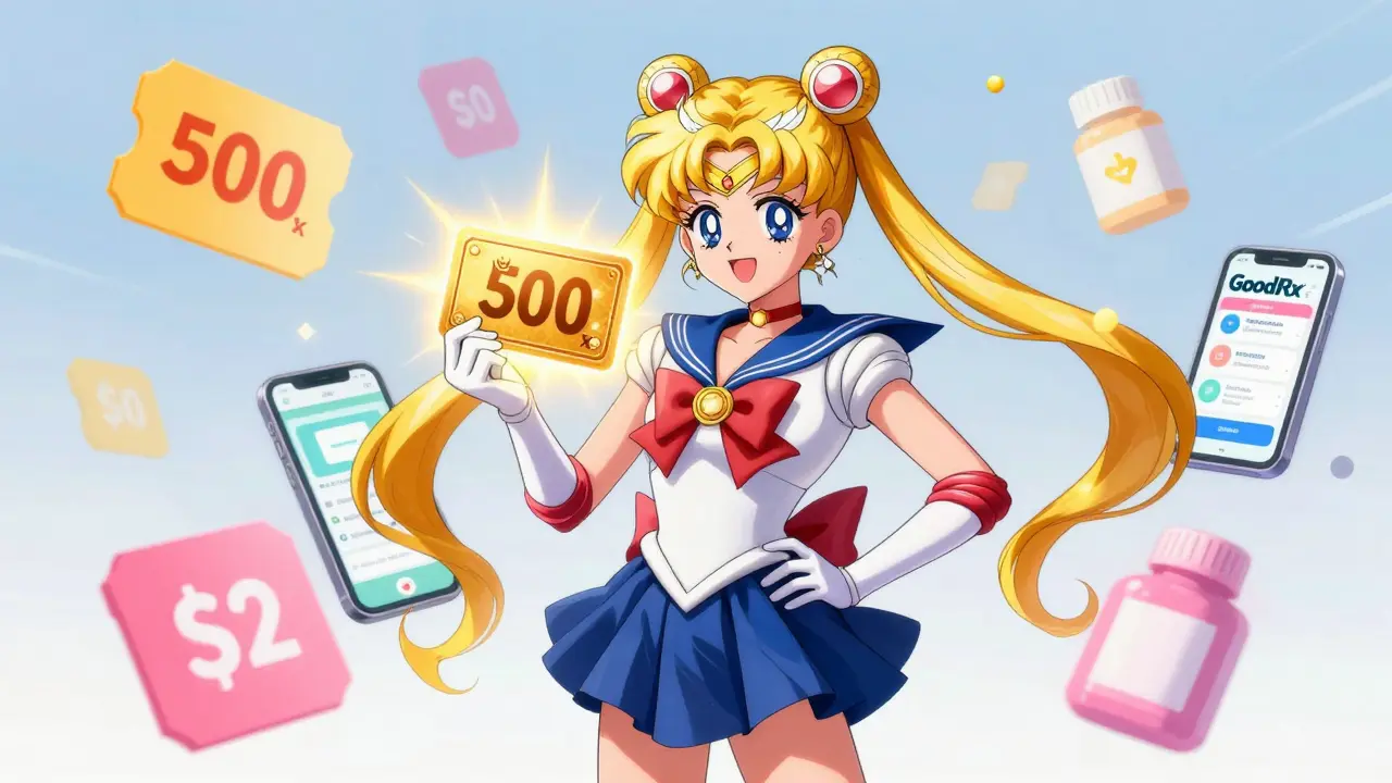 Magical girl holding glowing discount coupon for cheap medication