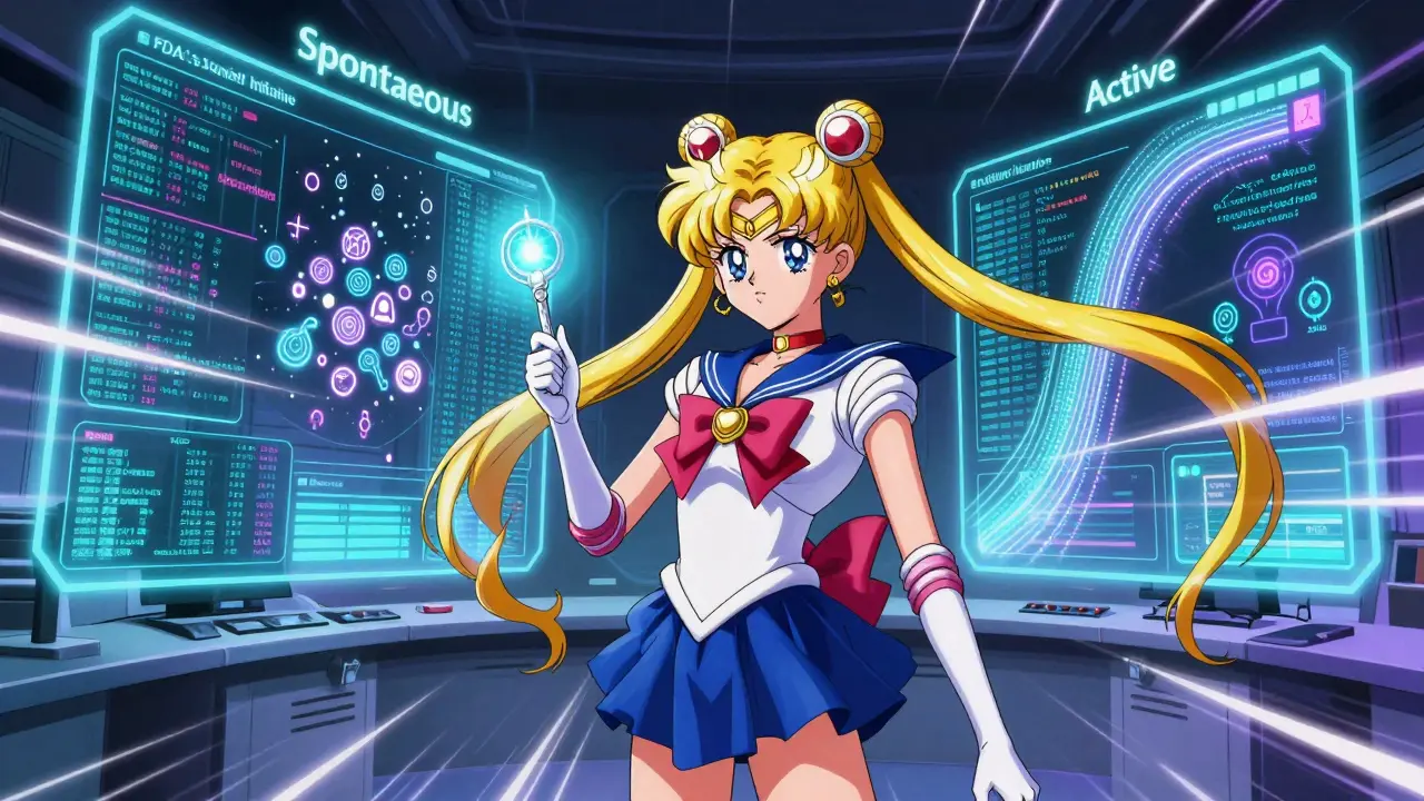 Magical girl pharmacist analyzing data streams for safety signals