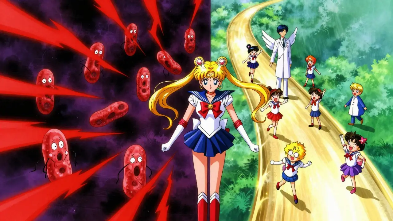 Magical girl style art contrasting harmful statin effects with safe pitavastatin pathway.