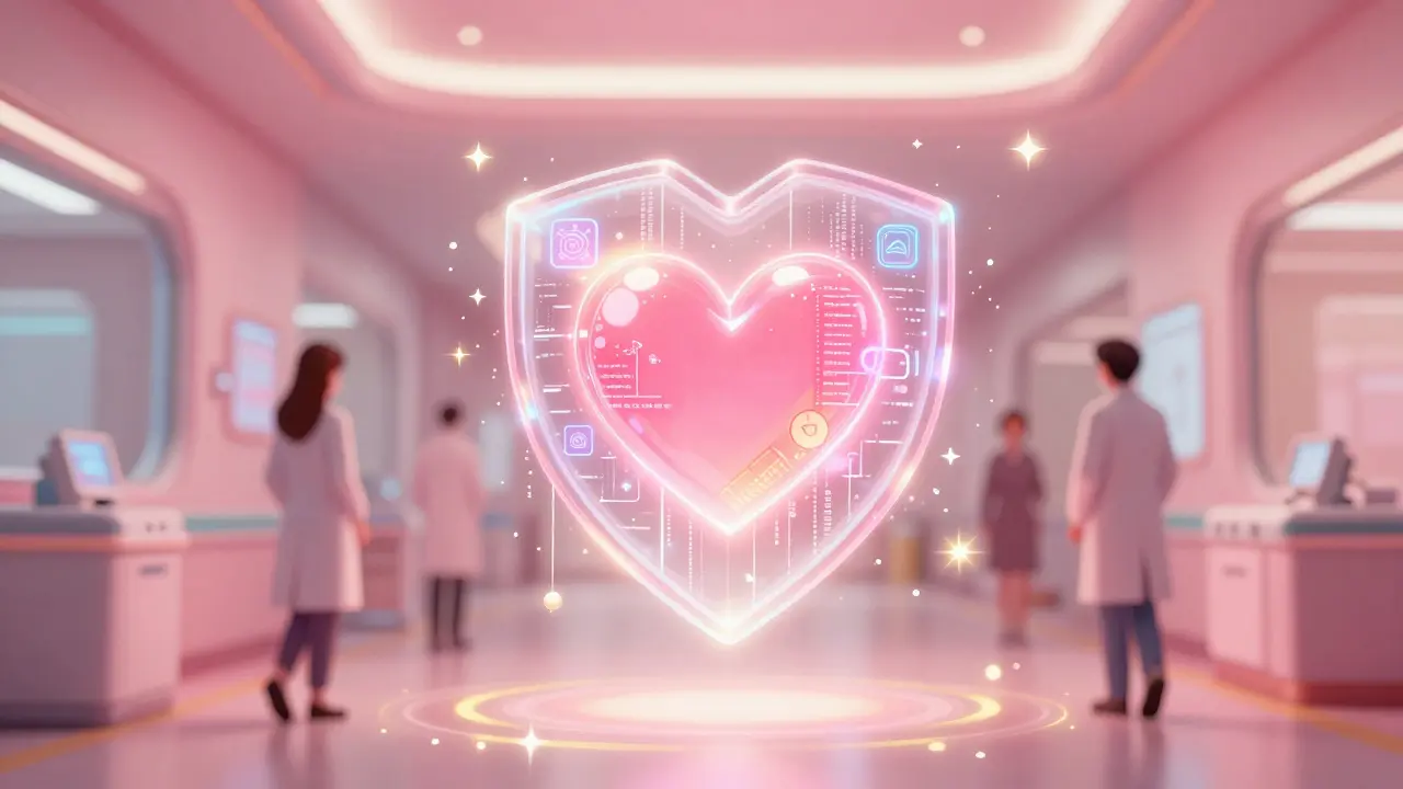 Magical heart symbol protected by AI tech in futuristic hospital