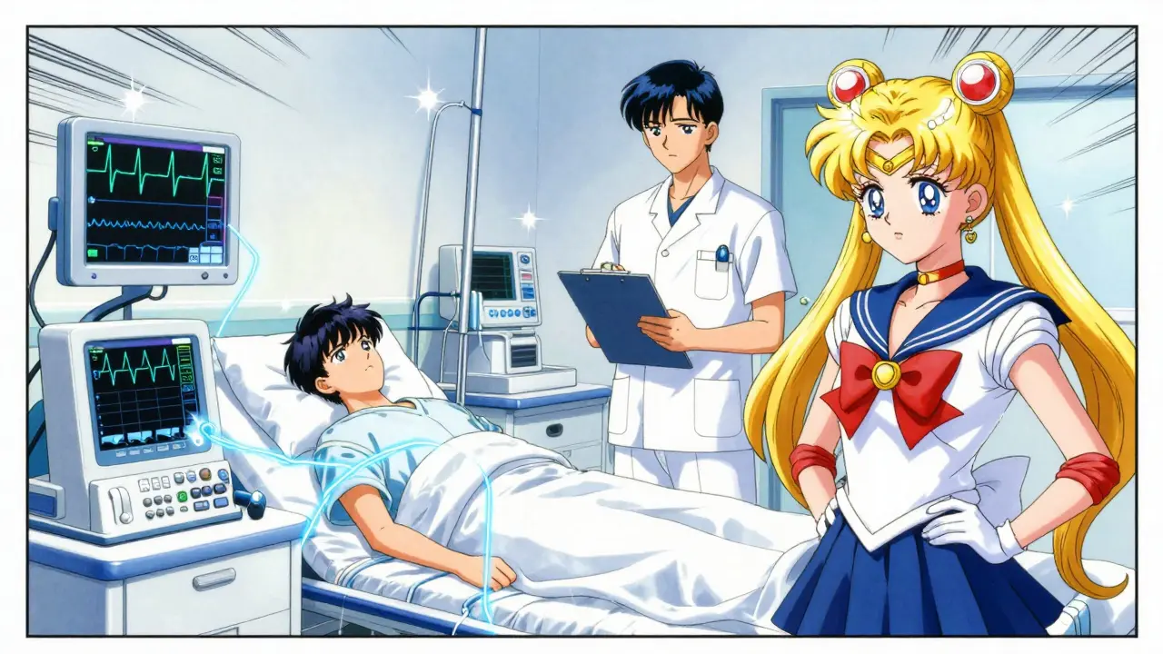 Manga style ER scene with doctor checking patient's ECG monitor