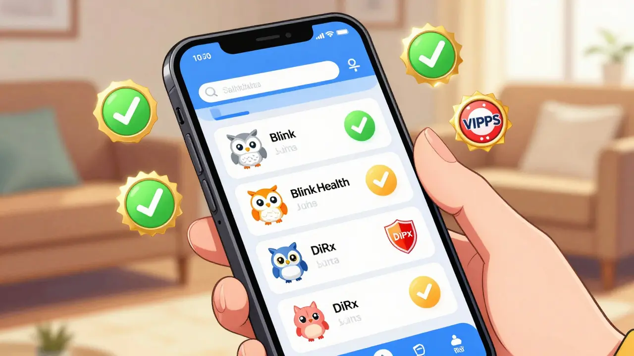 Smartphone showing verified pharmacy apps with trust seals
