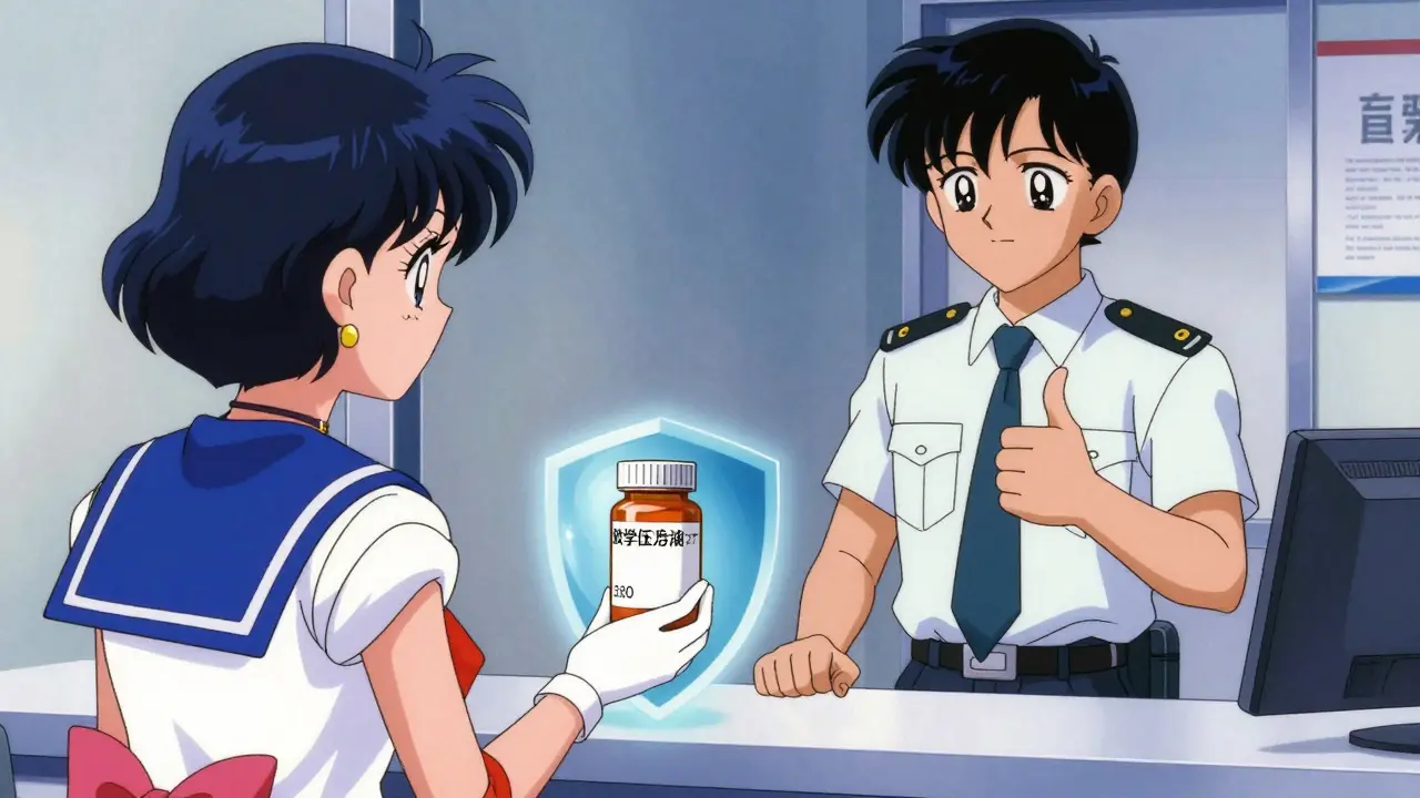 Traveler showing original medicine bottle to customs officer