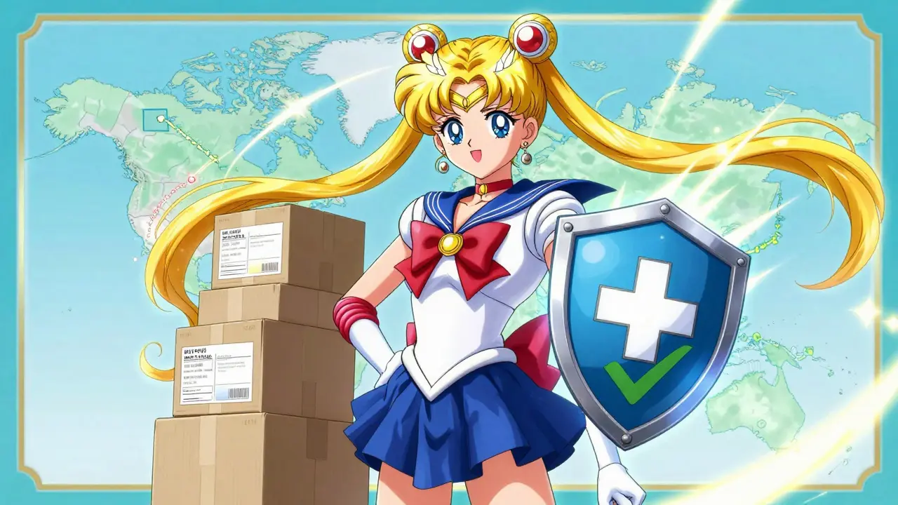 Anime character celebrating safe delivery of accredited online medications
