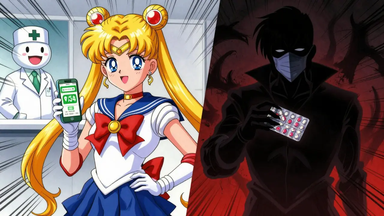 Anime comparison of safe discount apps versus dangerous fake pharmacies