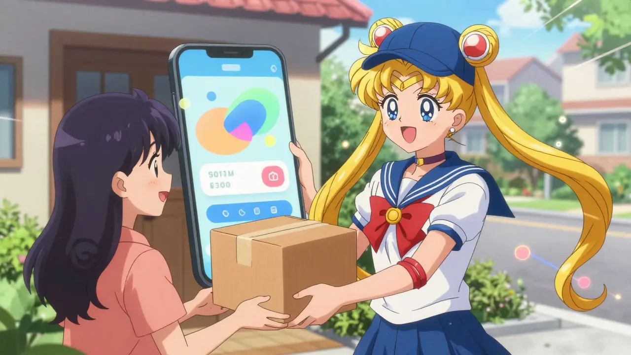 Cheerful anime courier delivering a package to a customer, symbolizing fast online supplement shipping.
