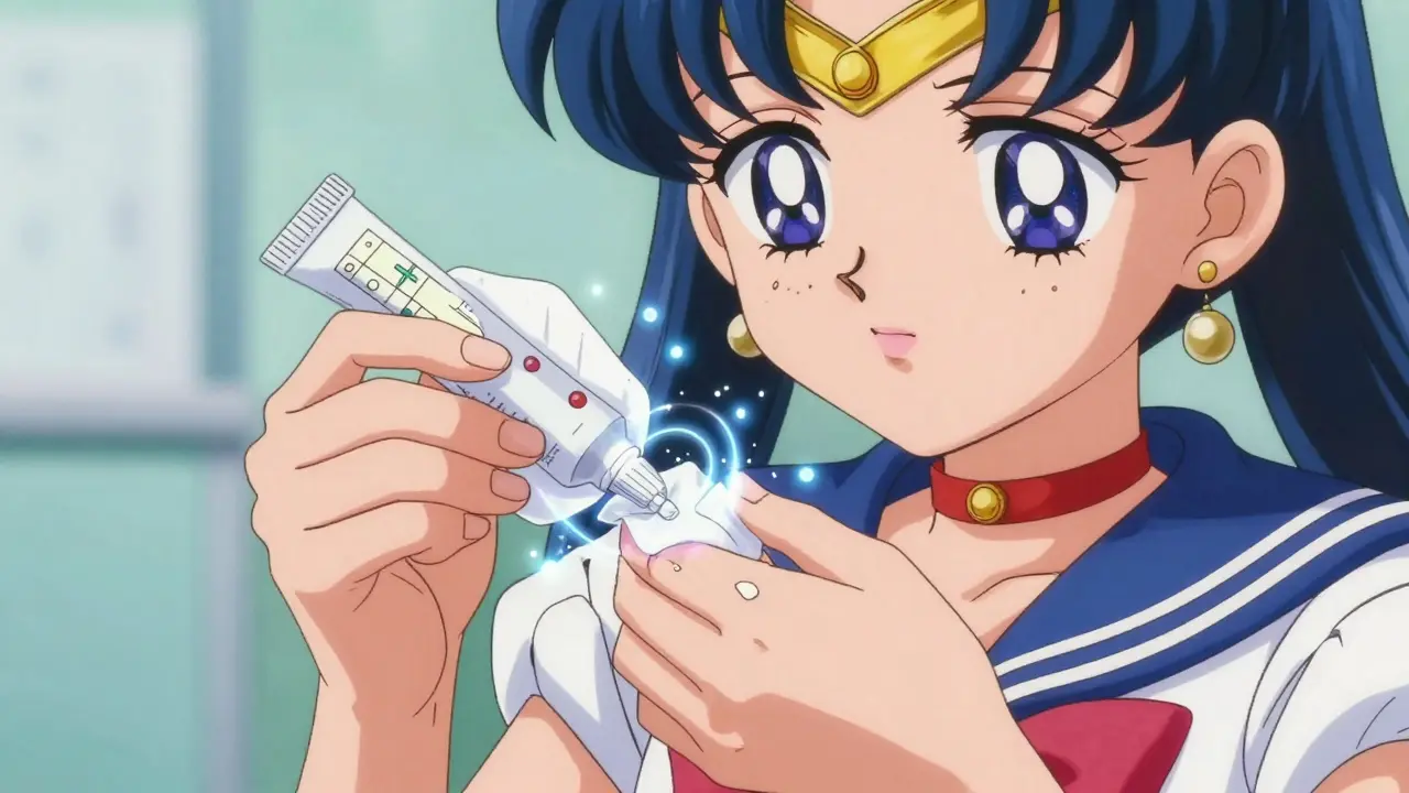 Close-up of hands applying antibiotic ointment to a wound with magical effects